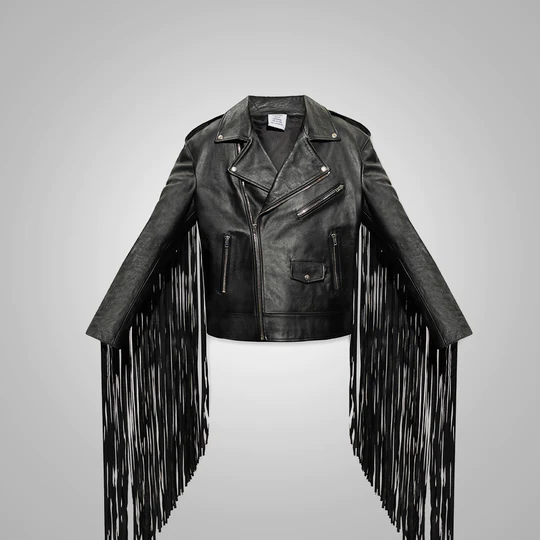 Mens Black Leather Motorcycle Cowboy Fringed Jacket