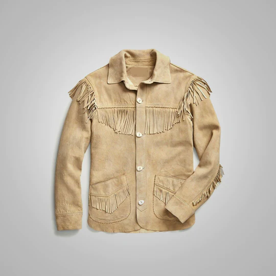 Mens Brown Western Suede Leather Jacket With Beads Fringes