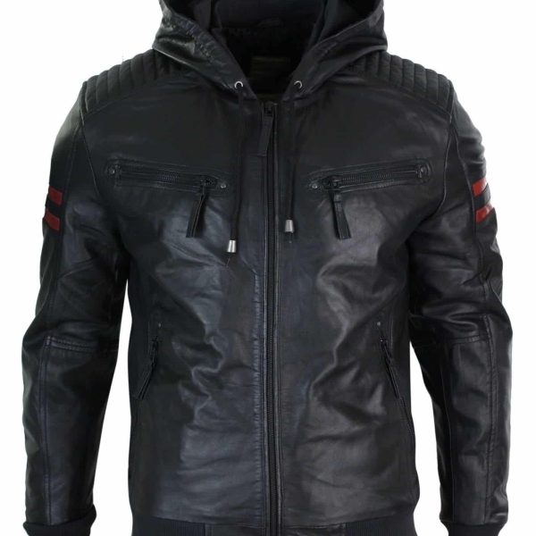 Mens Black Hood Real Leather Bomber Jacket Red Stripes Quilted Slim Fit Casual