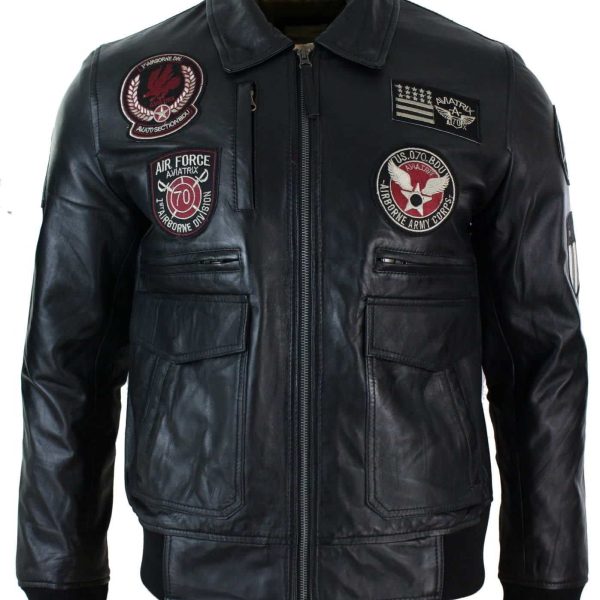 Mens Real Leather Black Bomber Badge Air Force Pilot Flying Jacket-Black