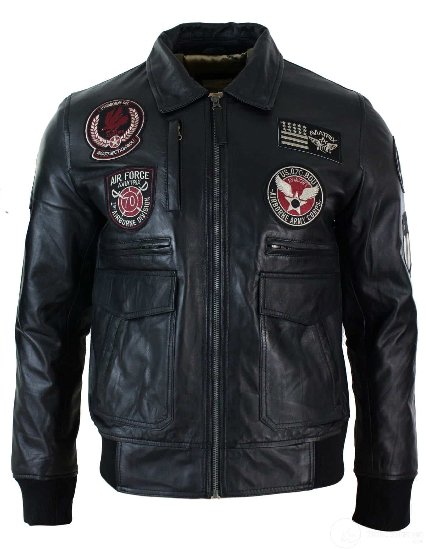 1-5 Mens Real Leather Black Bomber Badge Air Force Pilot Flying Jacket-Black