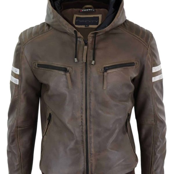 Men’s Real Leather Bomber Jacket with Hood-Brown