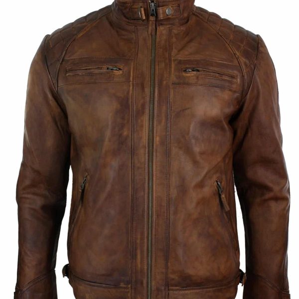 Real Leather Retro Style Zipped Mens Biker Jacket Soft Timber Vintage Look